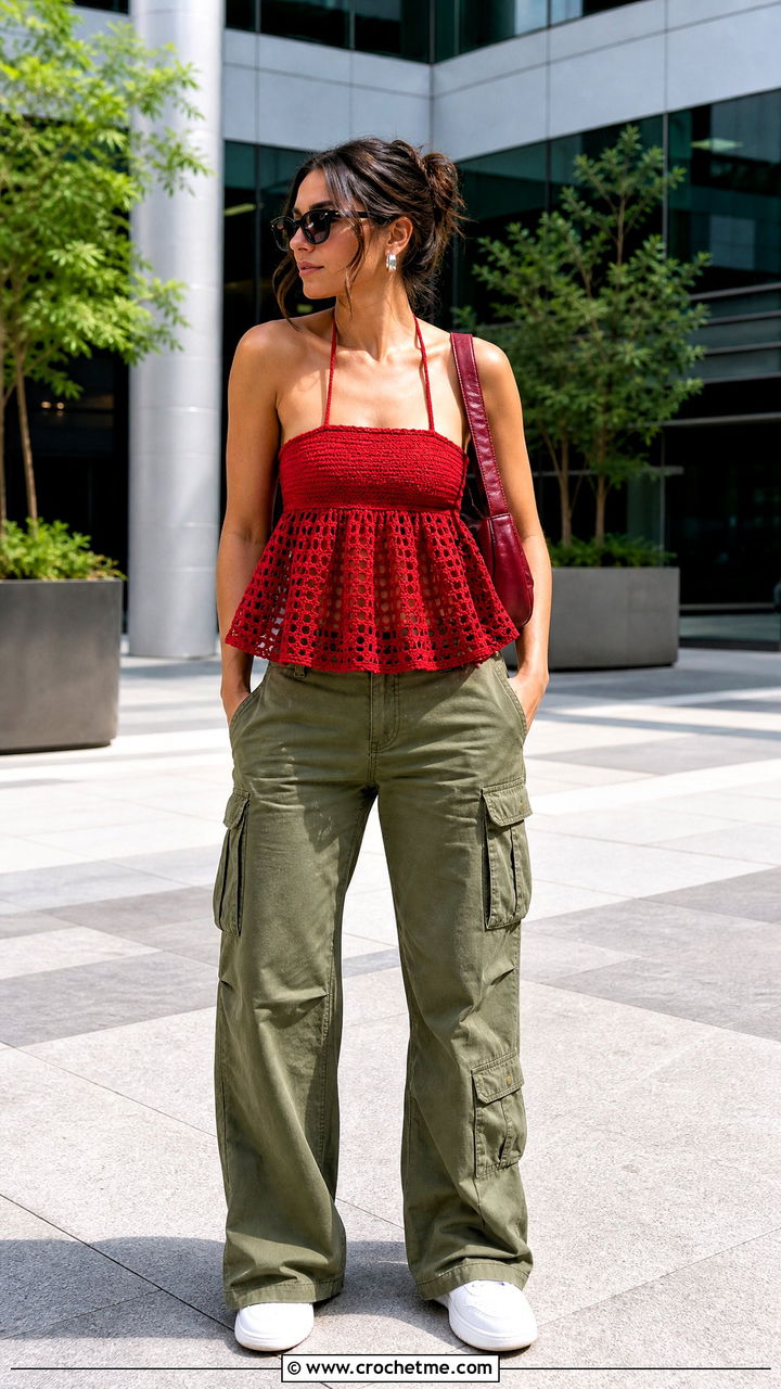 Halter Neck Crochet Babydoll Top With Cargo Pants - 35 crochet babydoll top outfit ideas