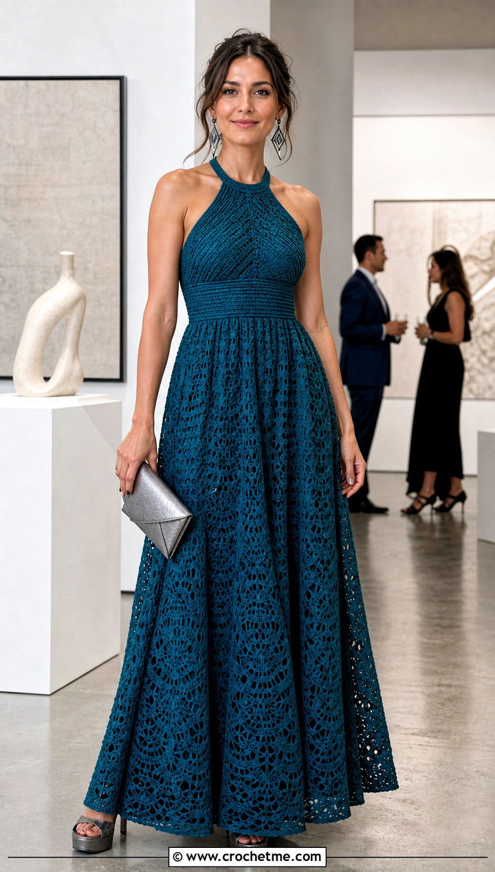 Halter Neck Crochet Ball Gown With Metallic Accessories - 20 Crochet Ball Gown outfit ideas