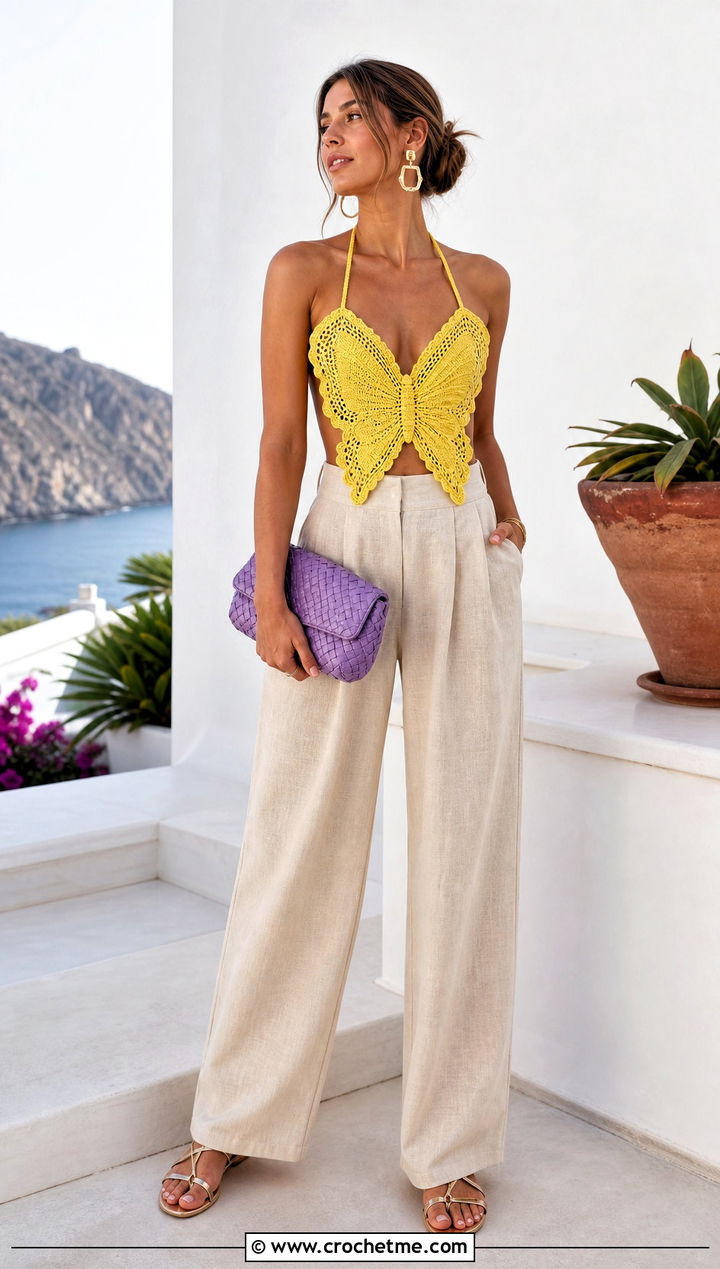 Halter Neck Crochet Butterfly Top With Linen Trousers - 35 Crochet Butterfly Top outfit ideas