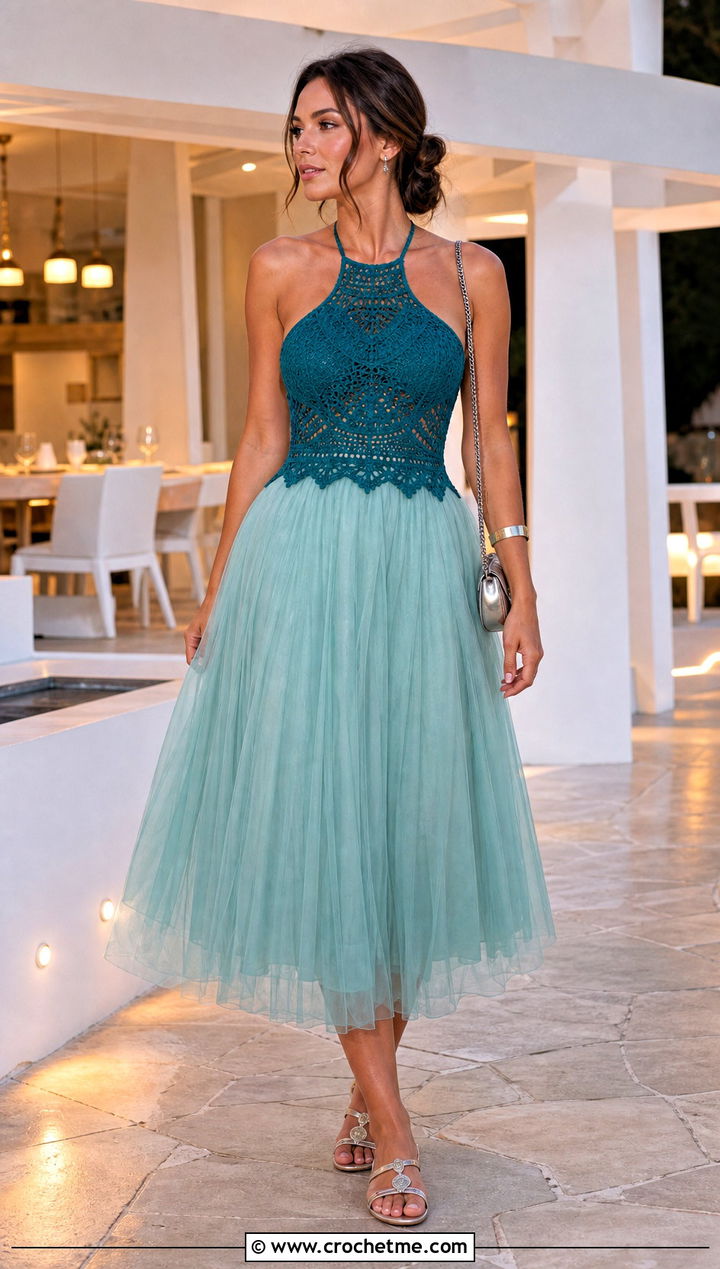 Halter Neck Crochet Tutu Dress With Metallic Sandals - 35 Crochet Tutu Dress outfit ideas