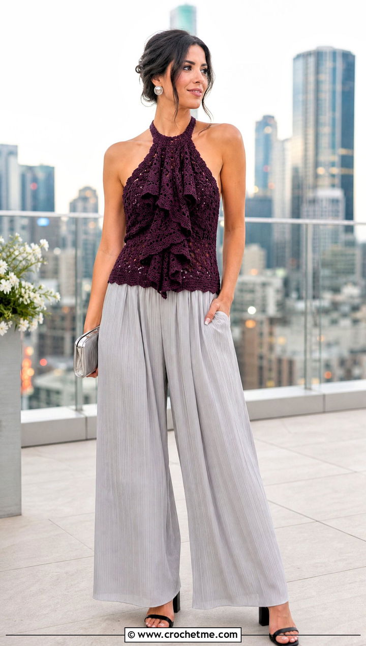 Halter Ruffle Crochet Top With Pleated Trousers - 35 crochet top with ruffles outfit ideas