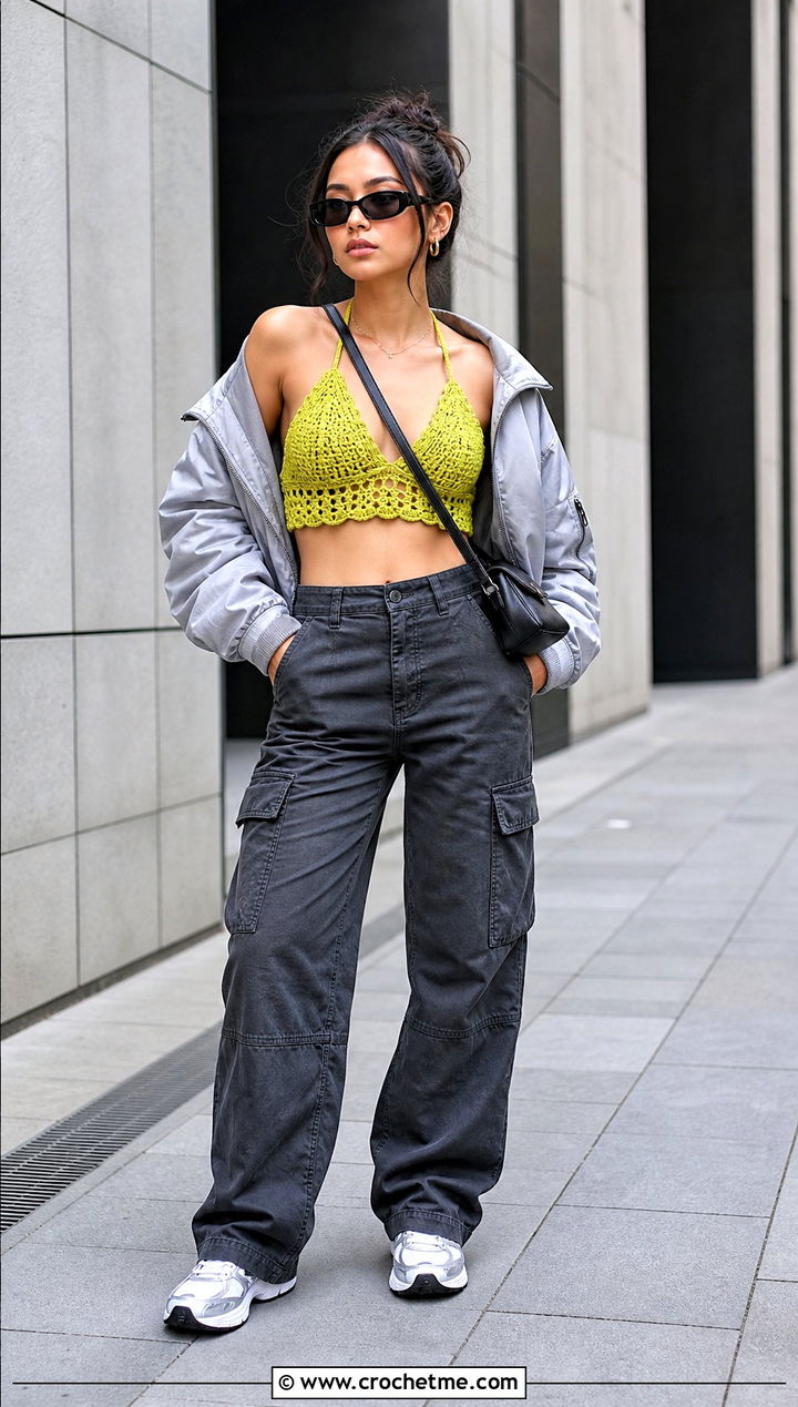 Halter Shell Bra With Cargo Pants - 30 crochet shell bra outfit ideas