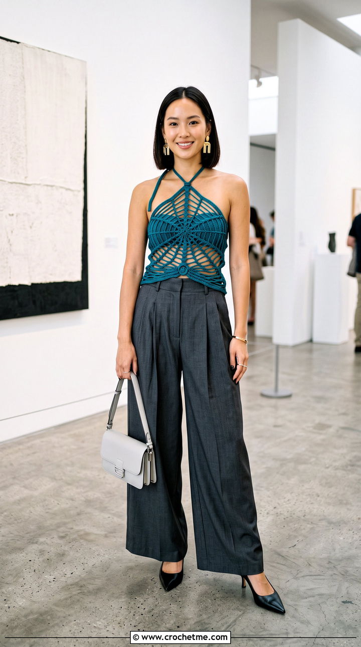 Halter Spiderweb Top With Tailored Trousers - 30 crochet spiderweb top outfit ideas