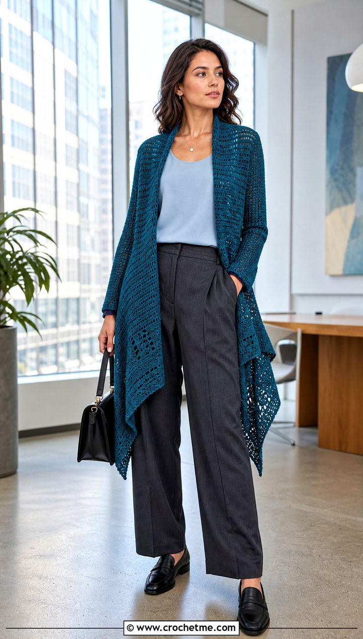 Handkerchief Hem Crochet Asymmetrical Cardigan With Tailored Trousers - 30 crochet asymmetrical cardigan outfit ideas
