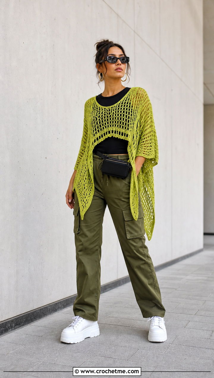 Handkerchief Hem Crochet Flowy Top With Cargo Pants - 15 crochet flowy top outfit ideas