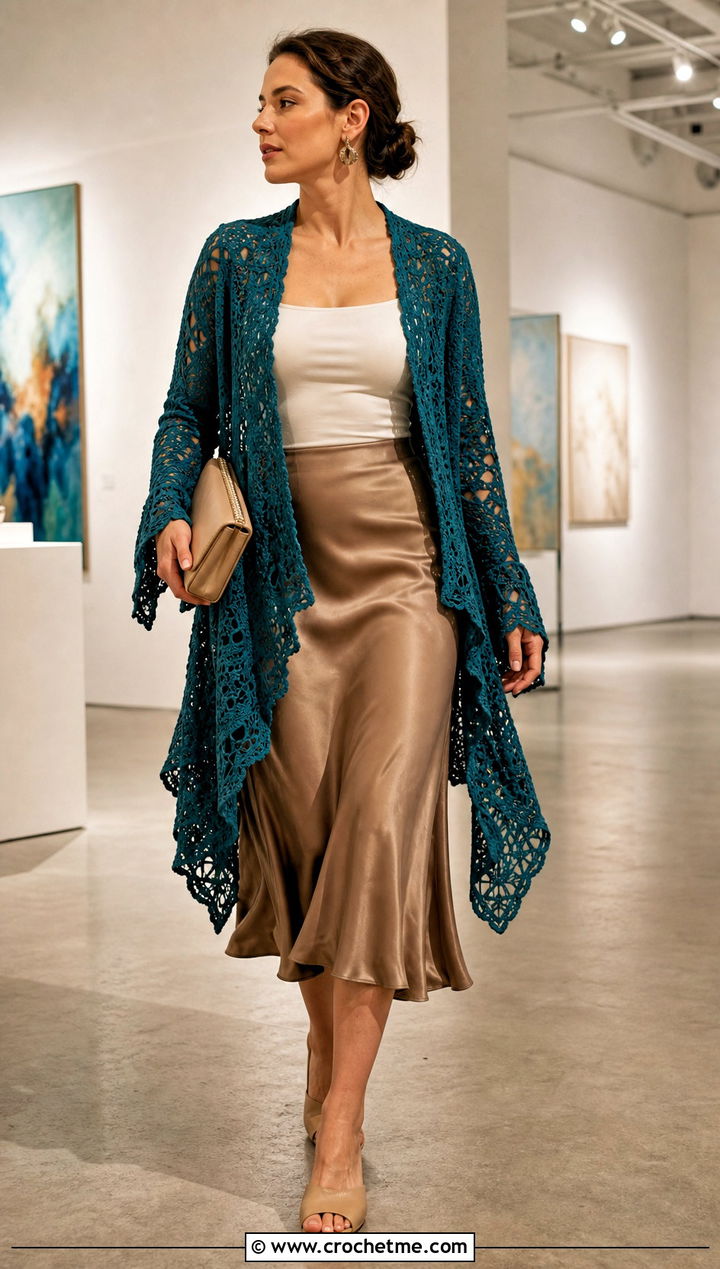 Handkerchief Hem Crochet Lace Cardigan With Slip Skirt - 30 crochet lacy cardigan outfit ideas