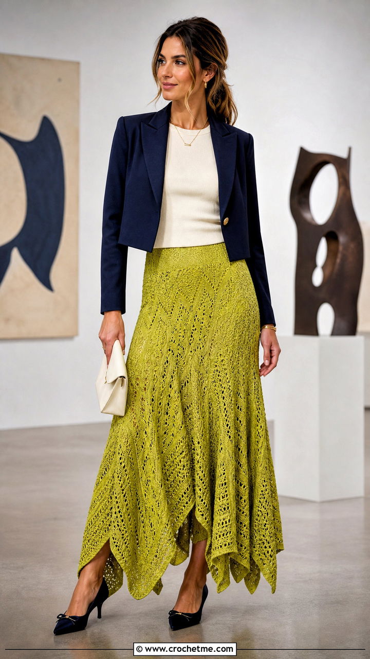 Handkerchief Hem Crochet Ruffle Maxi Skirt With Cropped Blazer - 35 crochet ruffle skirt outfit ideas