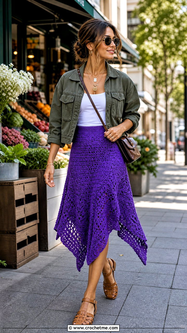 Handkerchief Hem Crochet Skirt With Cropped Utility Jacket - 35 crochet flowy skirt outfit ideas