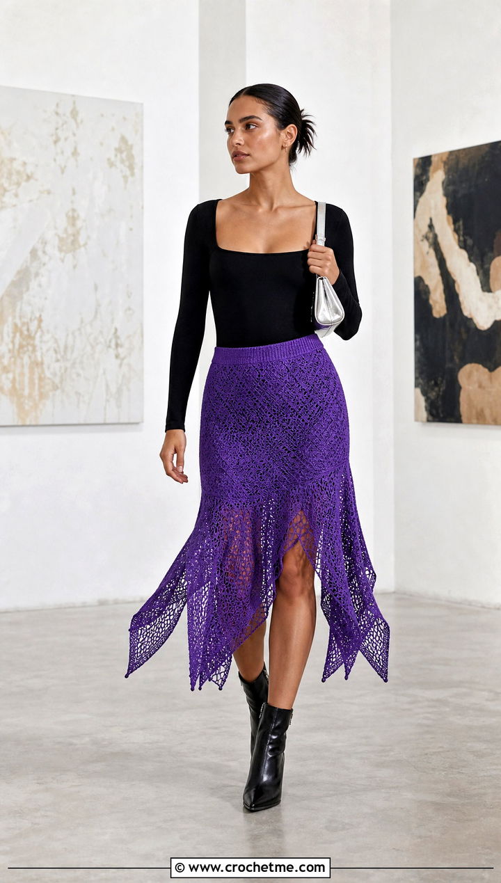 Handkerchief Layered Crochet Skirt With Bodysuit And Ankle Boots - 35 Layered Crochet Skirt outfit ideas