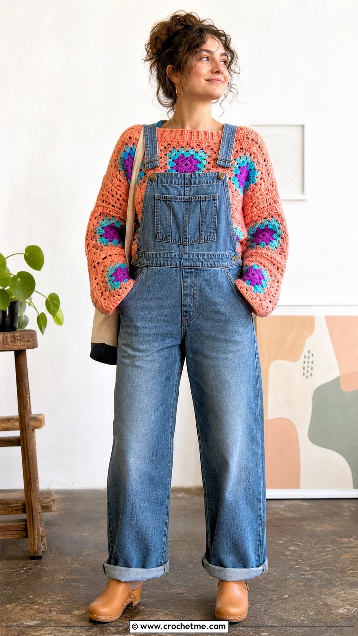Handmade Big Granny Square Sweater With Denim Overalls - 35 big granny square sweater outfit ideas