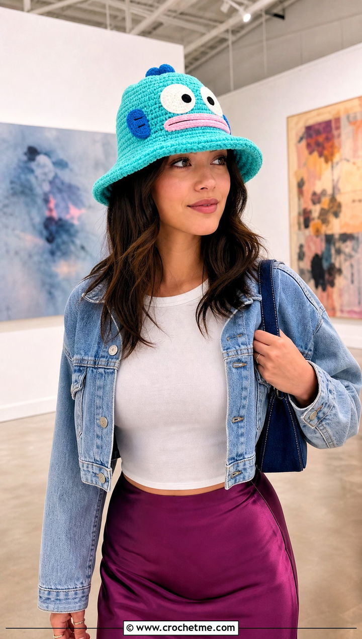 Hangyodon Crochet Bucket Hat With A Satin Slip Skirt - 30 sanrio crochet hat outfit ideas