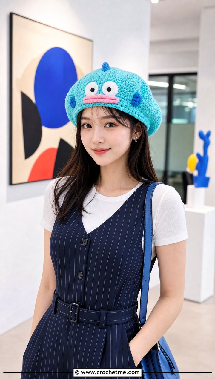 Hangyodon Crochet Slouch Beret With A Pinstripe Dress - 30 sanrio crochet hat outfit ideas