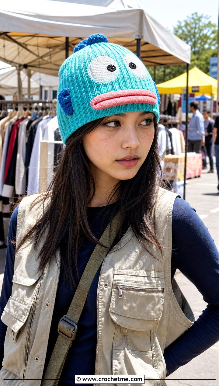 Hangyodon Ribbed Beanie With Utility Vest - 25 sanrio crochet beanie outfit ideas