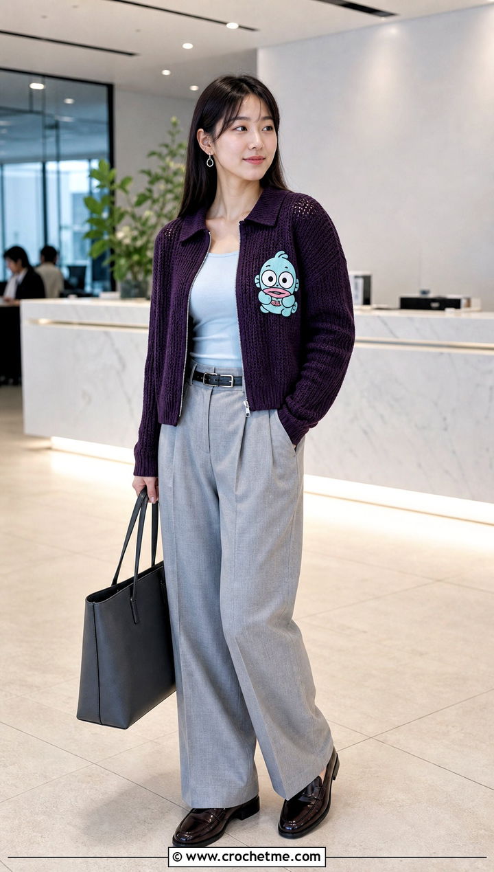 Hangyodon Zip Crochet Cardigan With Tailored Trousers - 25 Sanrio Crochet Clothes and outfit ideas