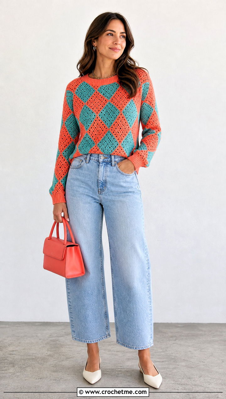 Harlequin Crochet Block Sweater With Barrel Leg Jeans - 30 crochet block sweater outfit ideas