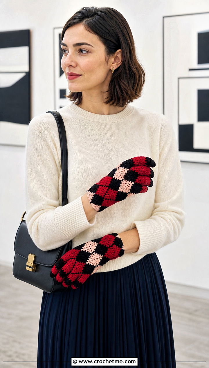 Harlequin Crochet Gloves With Pleated Skirt - 35 crochet gloves fingers outfit ideas