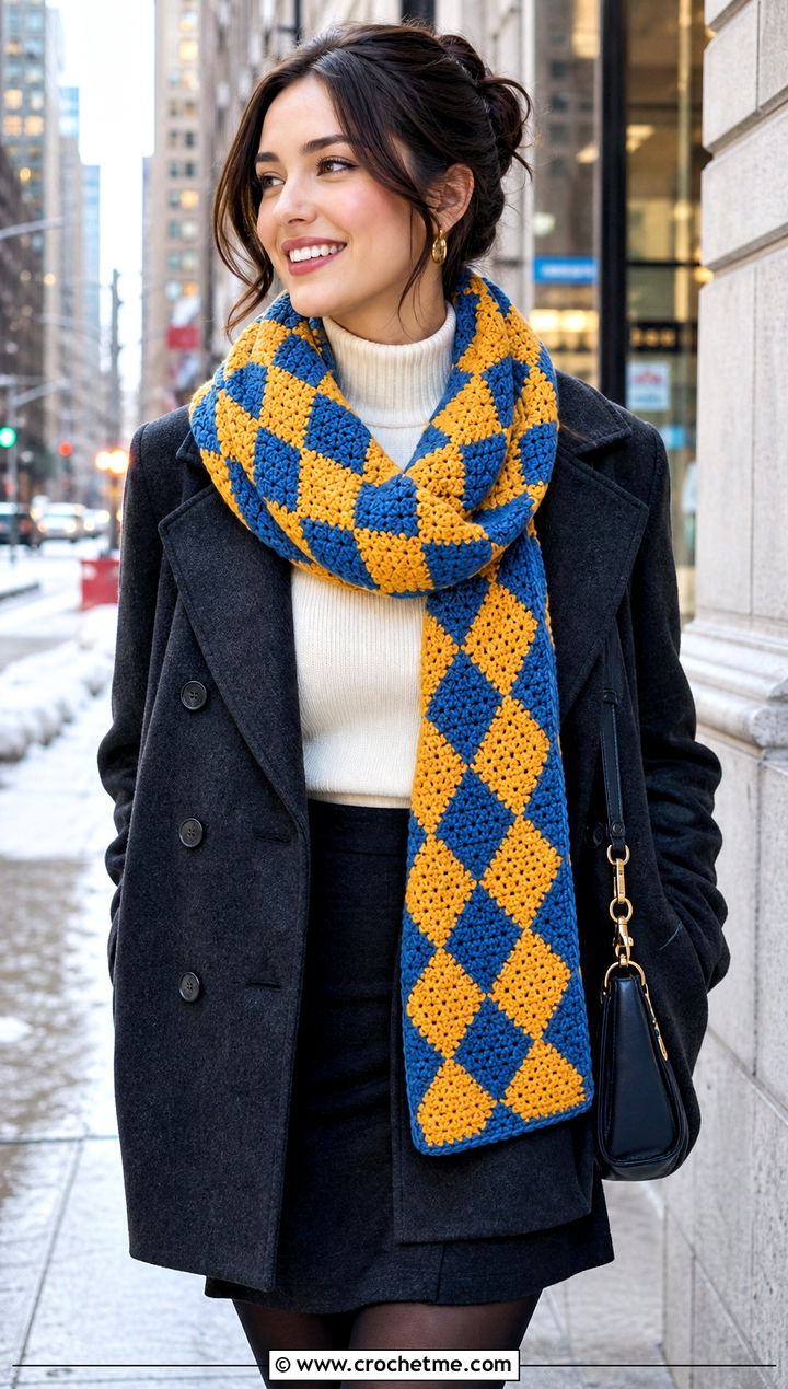 Harlequin Crochet Scarf With Peacoat And Mini Skirt - 30 2 color crochet scarf outfit ideas