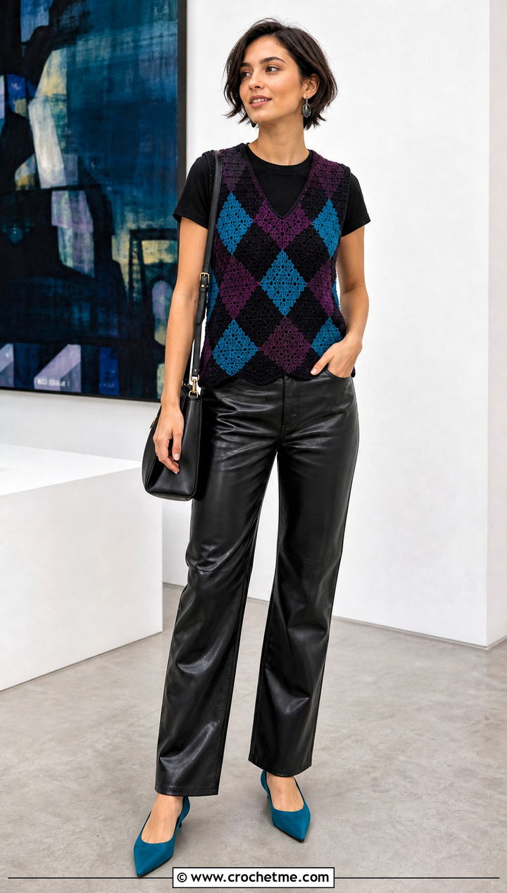 Harlequin Crochet Vest With Faux Leather Pants - 30 two colour crochet top outfit ideas