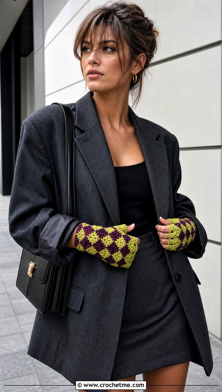 Harlequin Half Finger Gloves With Oversized Blazer - 30 crochet half finger gloves outfit ideas