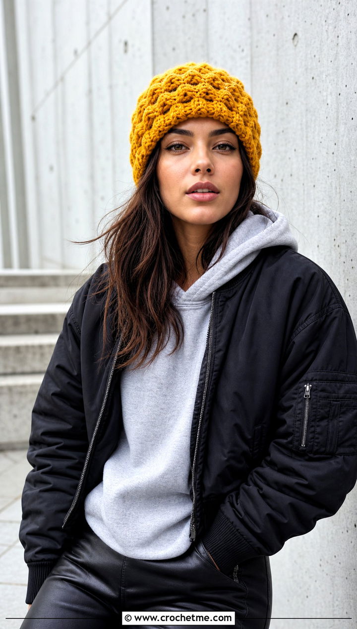 Harlequin Puff Stitch Beanie With Hoodie And Leather Pants - 25 crochet puff stitch beanie outfit ideas