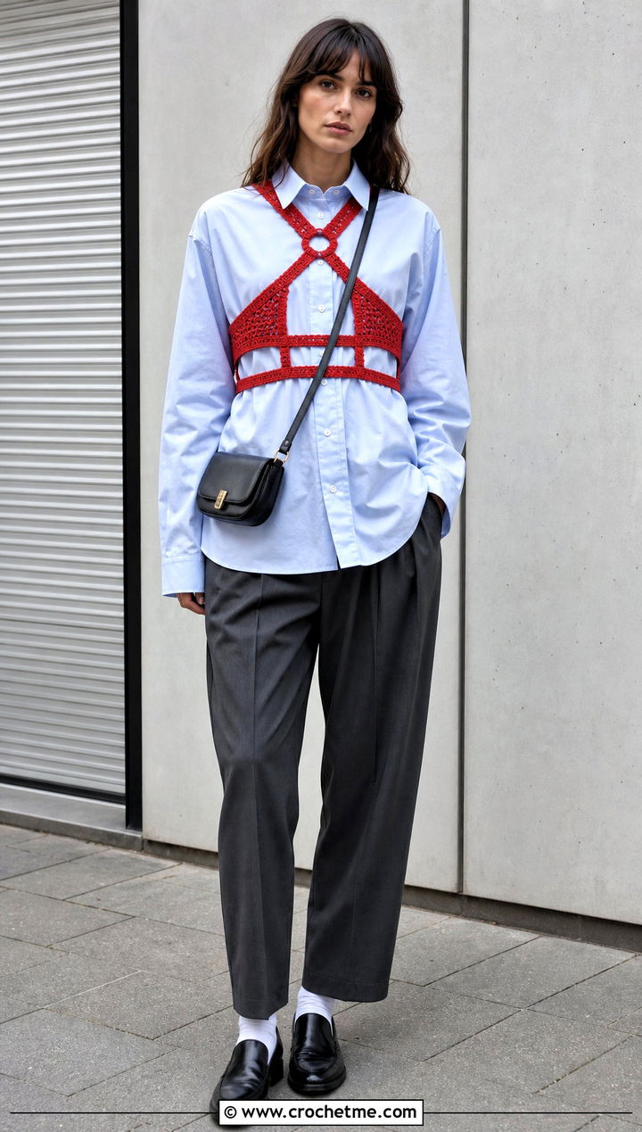 Harness Crochet Subversive Top With Oversized Shirt - 15 Crochet Subversive Top outfit ideas