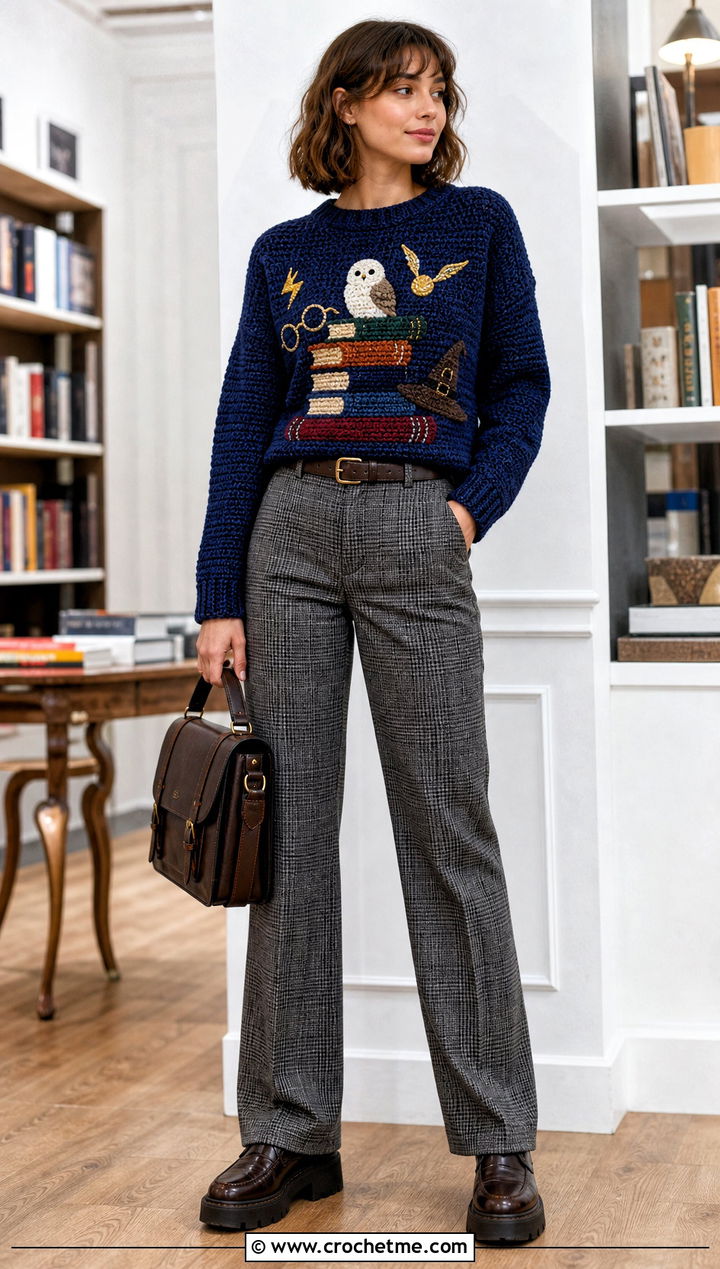 Harry Potter Book Crochet Sweater With Plaid Trousers - 25 Harry Potter Crochet Sweater outfit ideas