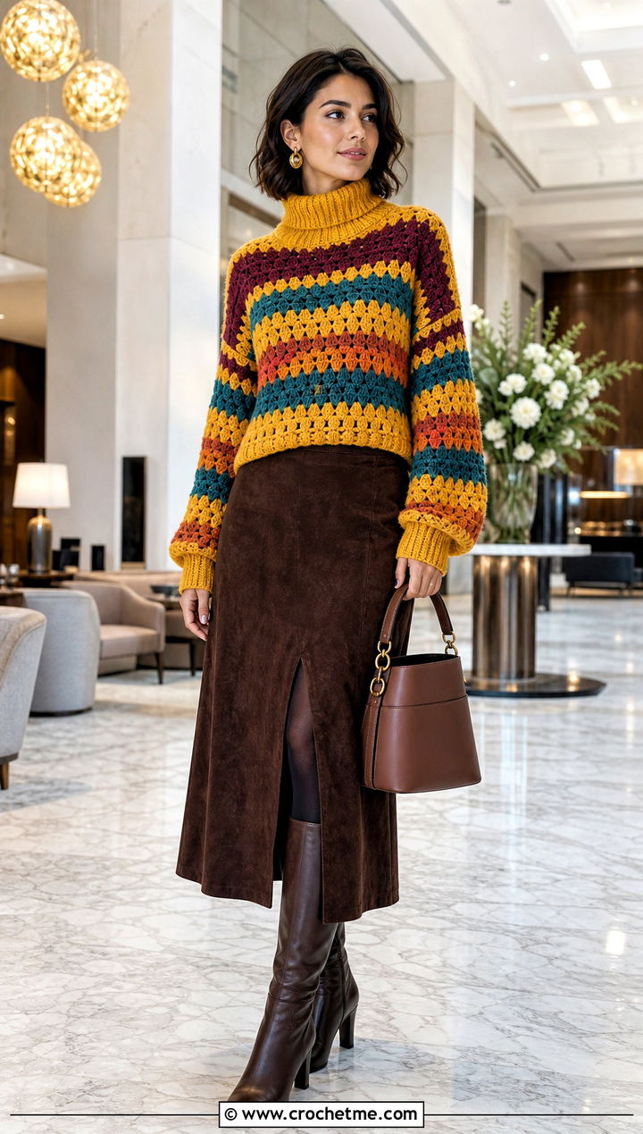 Harvest Stripe Crochet Turtleneck Sweater With Suede Skirt - 25 Crochet Thanksgiving Sweater outfit ideas