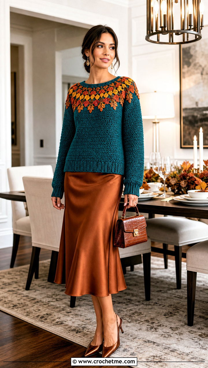 Harvest Yoke Crochet Sweater With Satin Midi Skirt - 25 Crochet Thanksgiving Sweater outfit ideas
