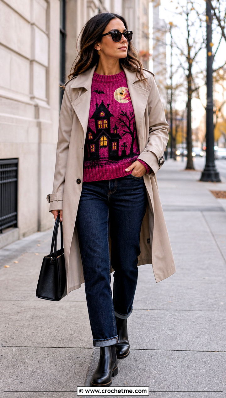 Haunted House Crochet Sweater With Trench Coat And Dark Jeans - 15 Spooky Crochet Sweater outfit ideas