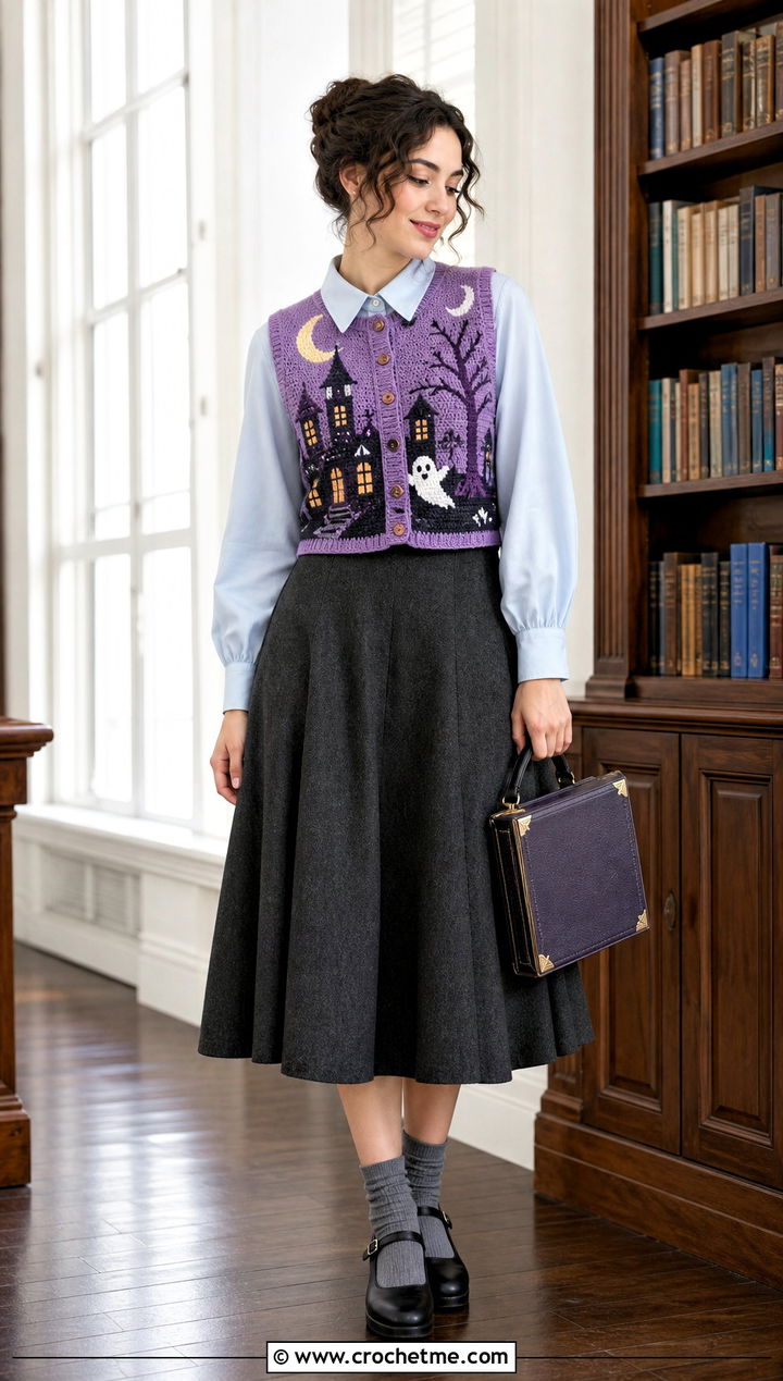 Haunted House Crochet Vest With Midi Skirt - 20 Crochet Halloween Clothing and outfit ideas