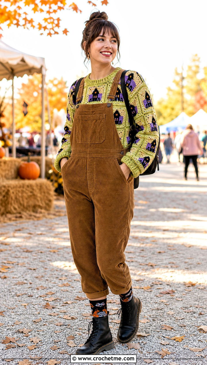 Haunted House Granny Square Halloween Sweater With Corduroy Overalls - 15 Crochet Granny Square Halloween Sweater outfit ideas