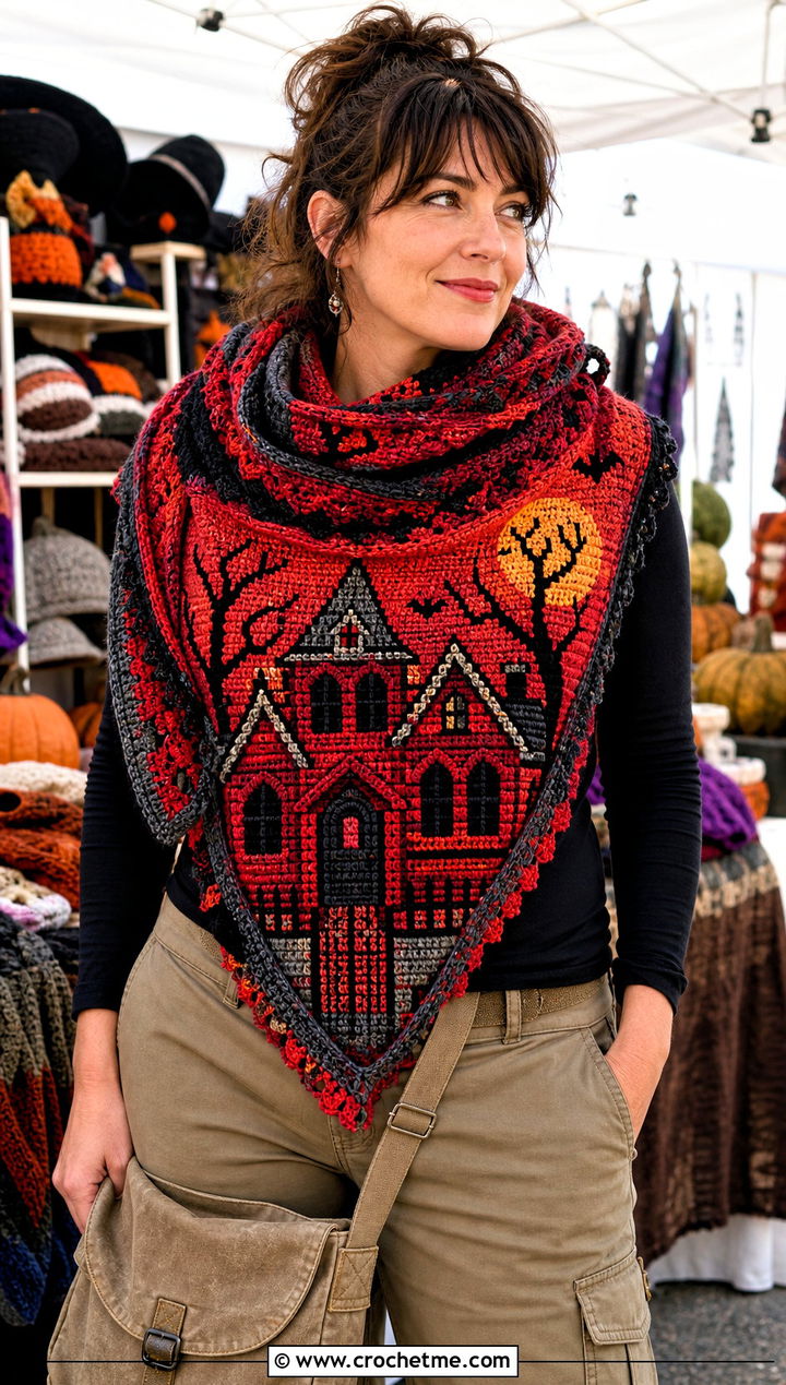 Haunted House Mosaic Crochet Halloween Shawl With Utility Pants - 20 Crochet Halloween Shawl outfit ideas
