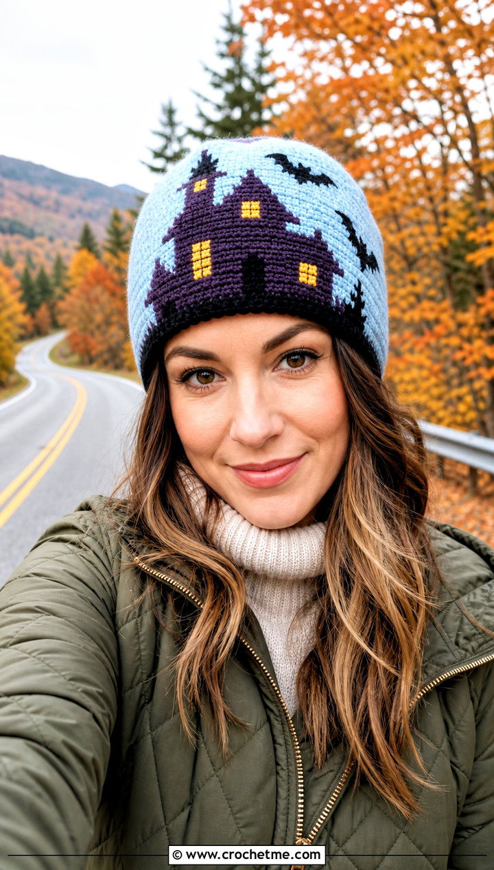 Haunted House Tapestry Beanie With Quilted Jacket - 25 Halloween Crochet Beanies outfit ideas