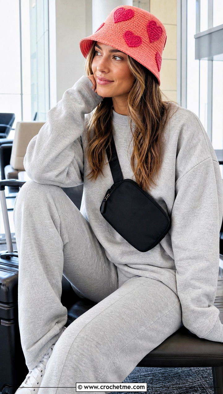 Heart Applique Bucket Hat With Sweatshirt And Track Pants - 25 crochet heart bucket hat outfit ideas