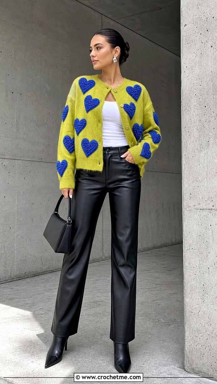 Heart Applique Cardigan With Leather Pants - 35 crochet heart cardigan outfit ideas
