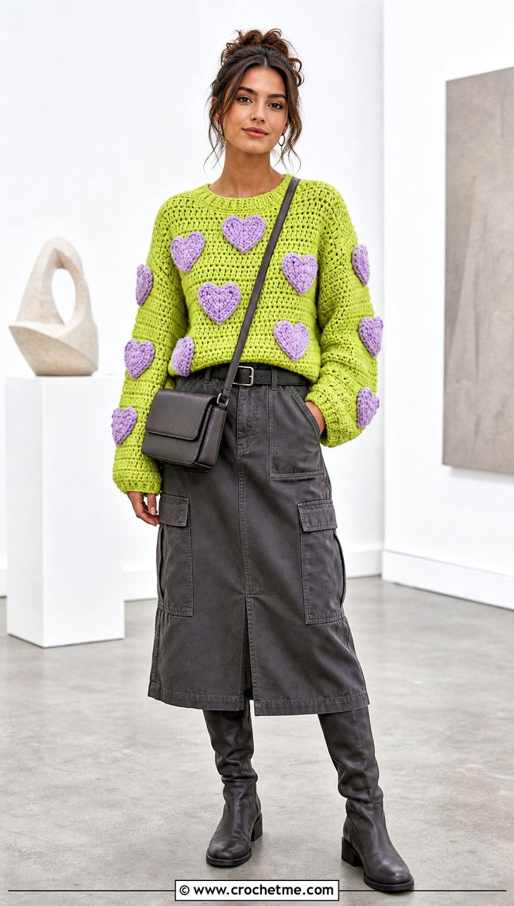 Heart Applique Crochet Sweater With Utility Skirt - 25 crochet valentine sweater outfit ideas