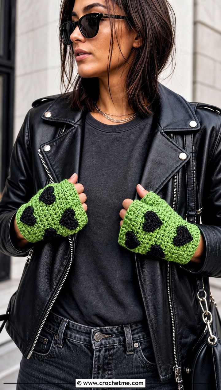 Heart Applique Fingerless Gloves With Leather Jacket - 15 Heart Crochet Gloves outfit ideas