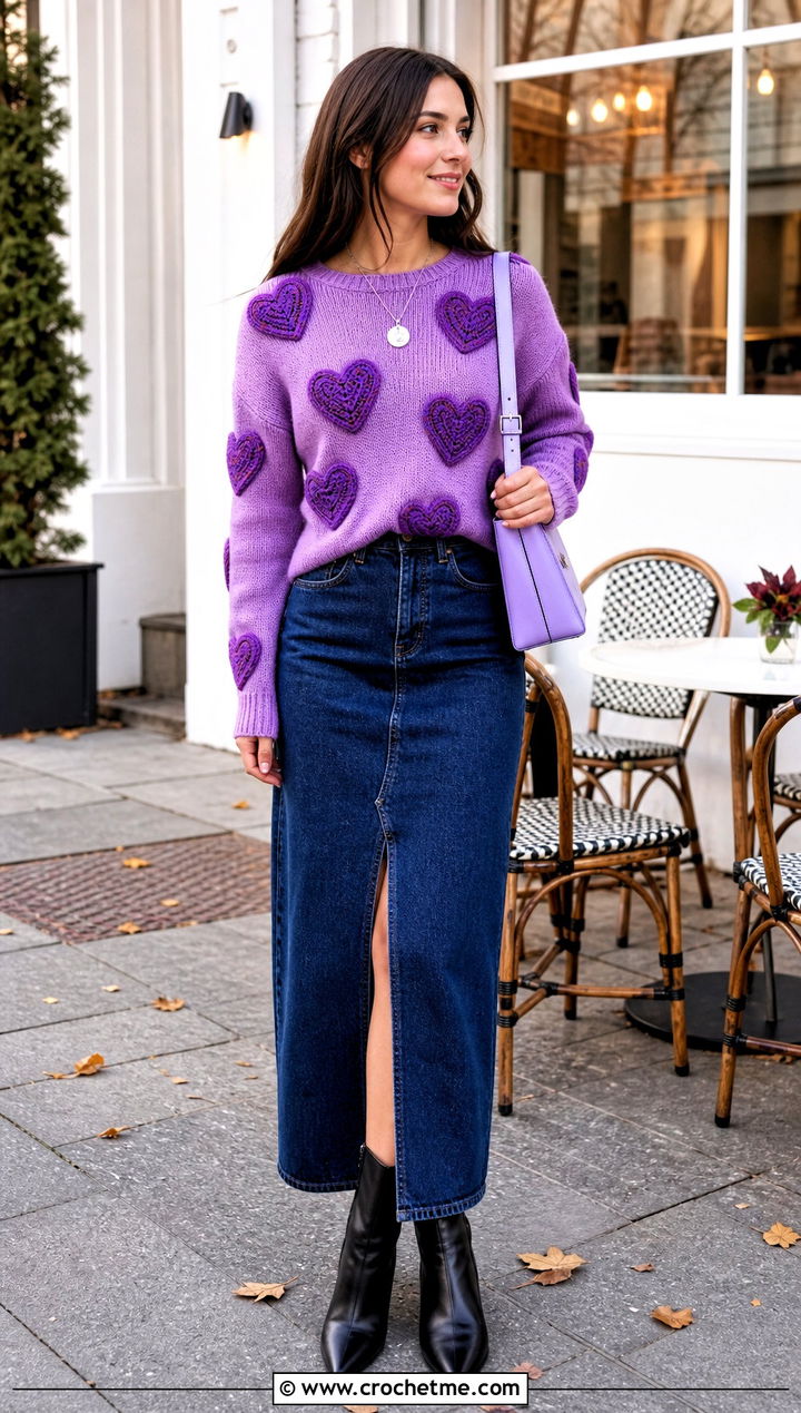 Heart Applique Jumper With Denim Maxi Skirt - 30 crochet heart jumper outfit ideas