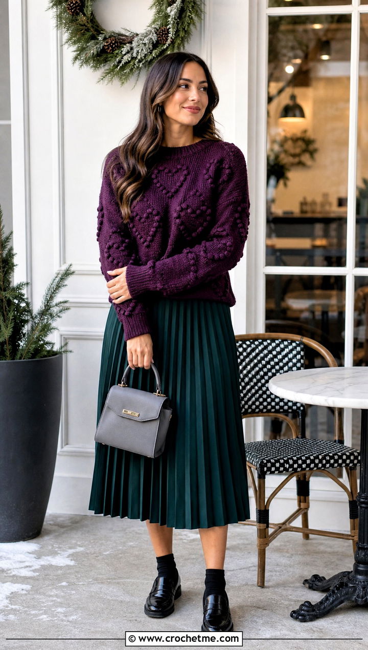Heart Bobble Sweater With Pleated Skirt - 25 crochet bobble sweater outfit ideas
