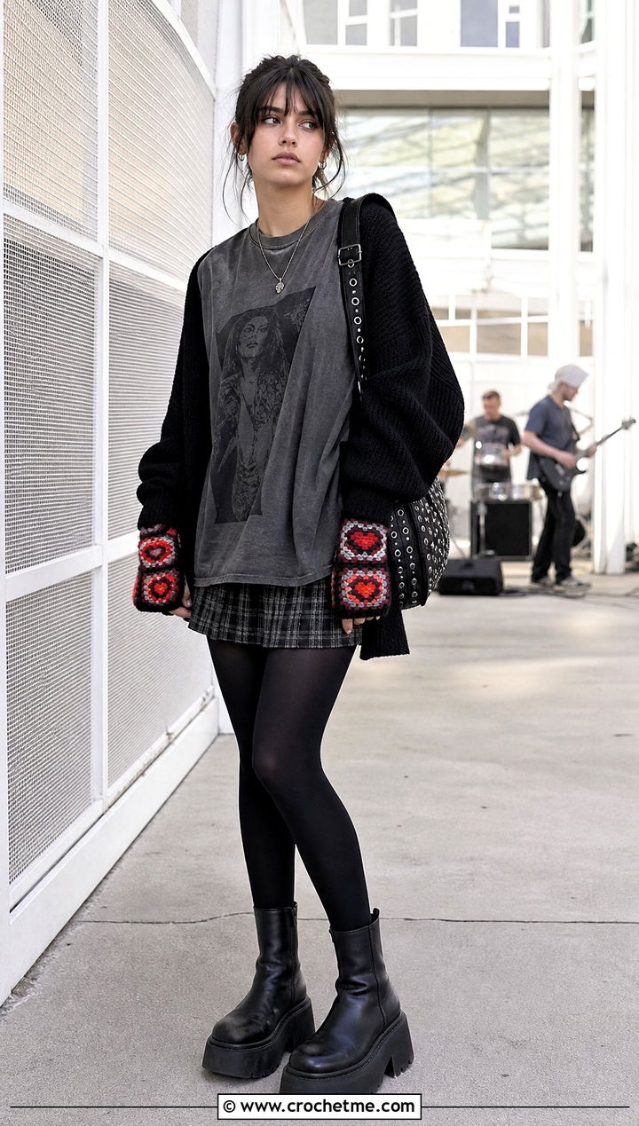Heart Center Granny Square Fingerless Gloves With Soft Grunge Outfit - 35 granny square fingerless gloves outfit ideas