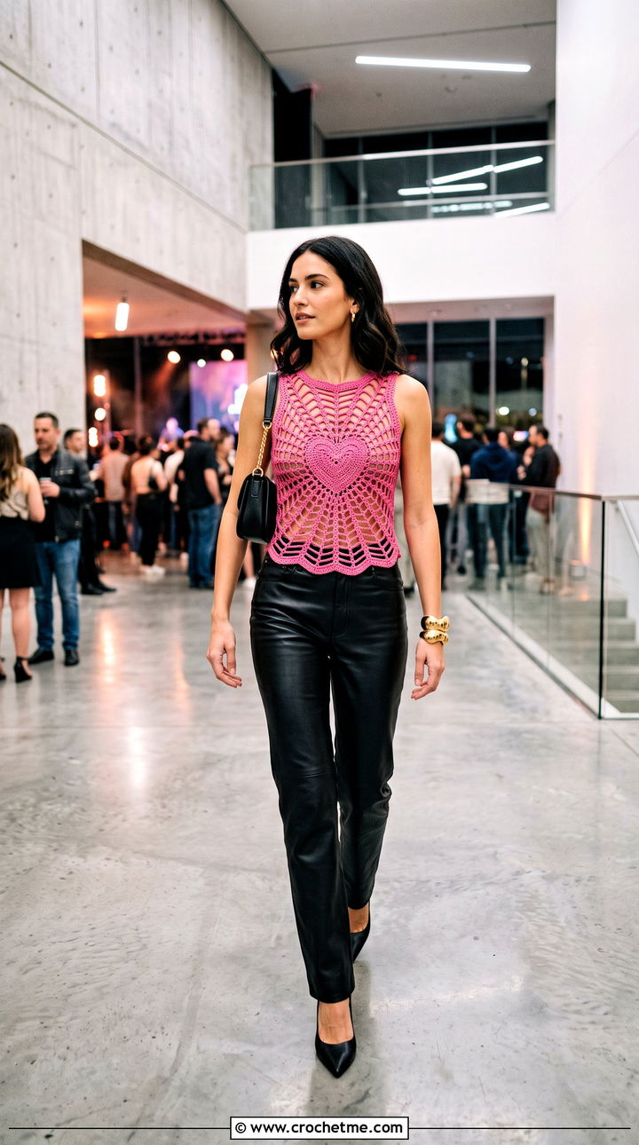Heart Center Spiderweb Crochet Top With Leather Pants - 35 spiderweb crochet top outfit ideas