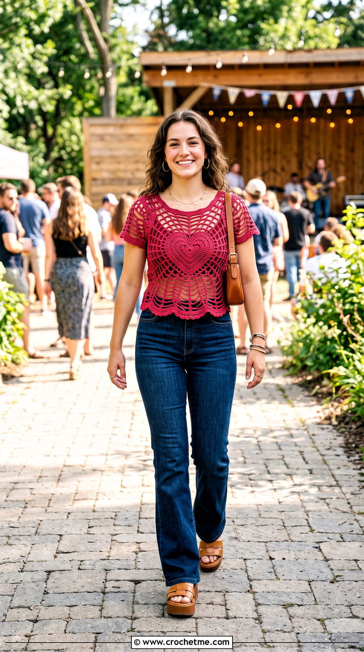 Heart Center Spiderweb Top With Flared Jeans - 30 crochet spiderweb top outfit ideas