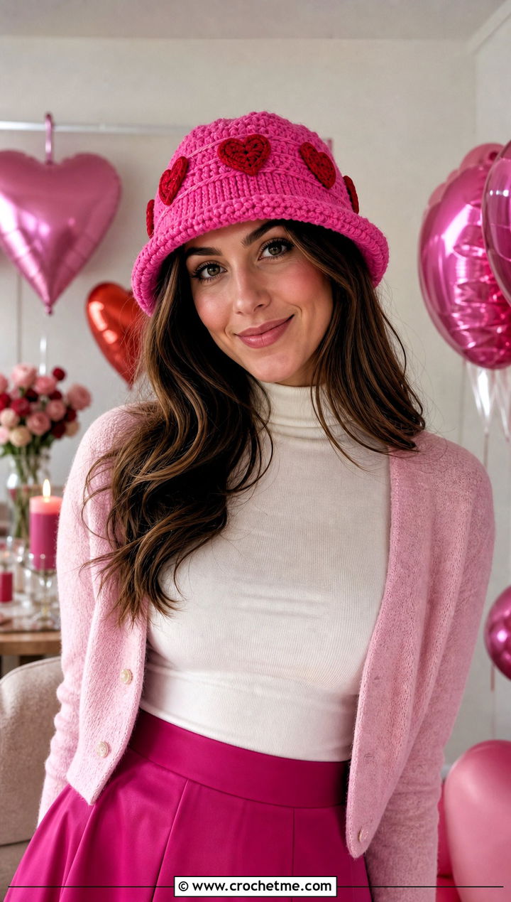 Heart Crochet Birthday Hat With Red Midi Skirt - 30 crochet birthday hat outfit ideas