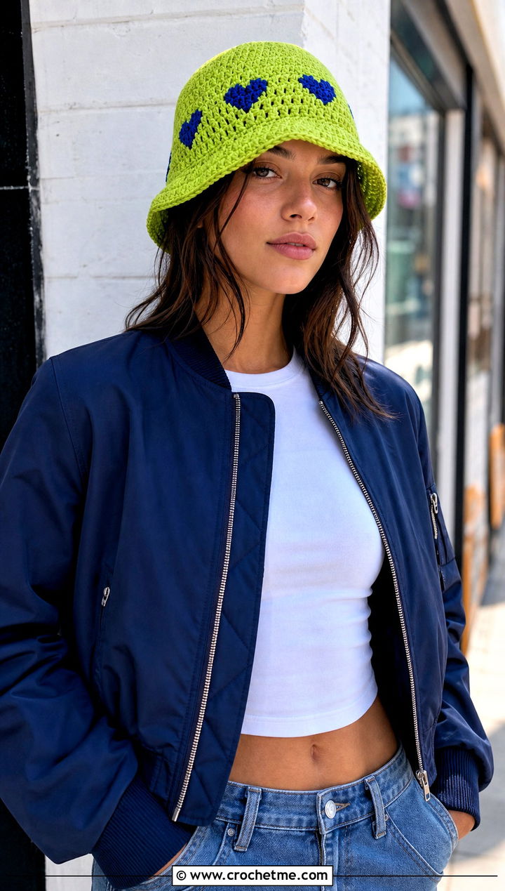 Heart Crochet Bucket Hat With Bomber Jacket - 25 Crochet Bucket Hat Design Ideas