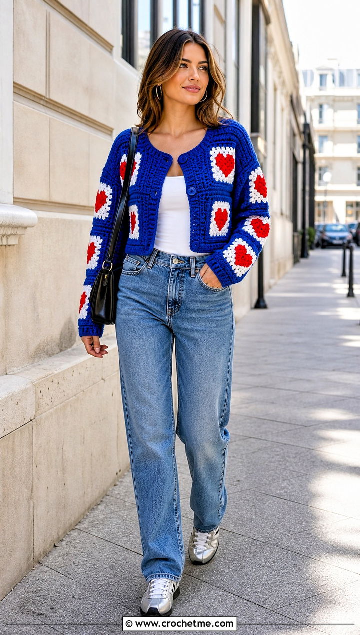 Heart Crochet Cardigan With Straight Leg Jeans - 15 heart crochet clothing and outfit ideas