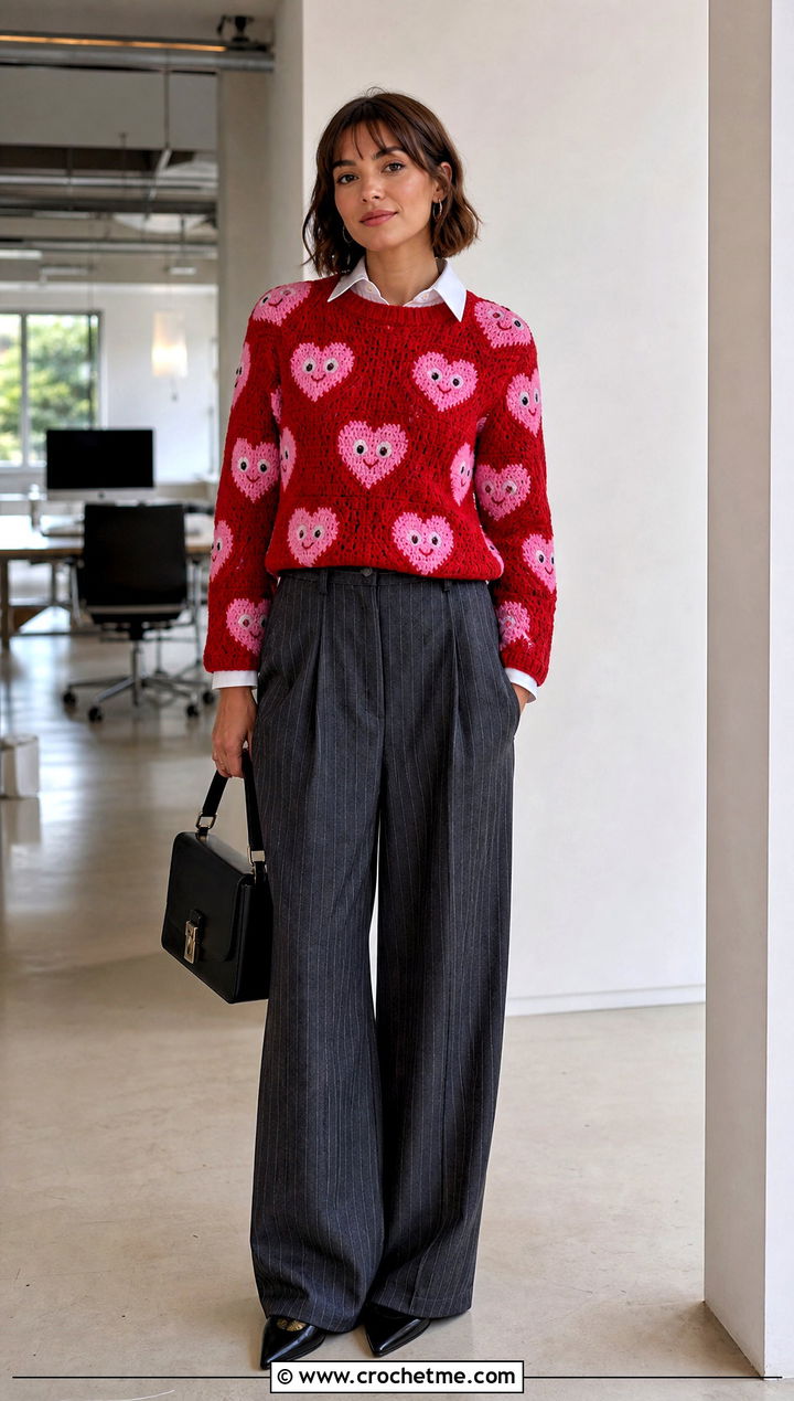 Heart Crochet Character Sweater With Pinstripe Trousers - 20 Crochet Character Sweater outfit ideas