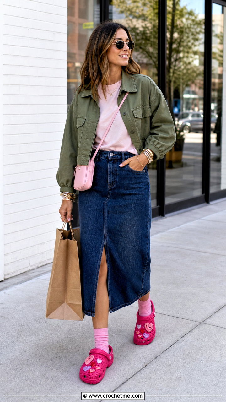 Heart Crochet Crocs With A Denim Midi Skirt - 35 crochet crocs shoes outfit ideas