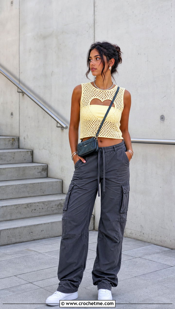Heart Crochet Cutout Top With Cargo Pants - 15 heart crochet clothing and outfit ideas