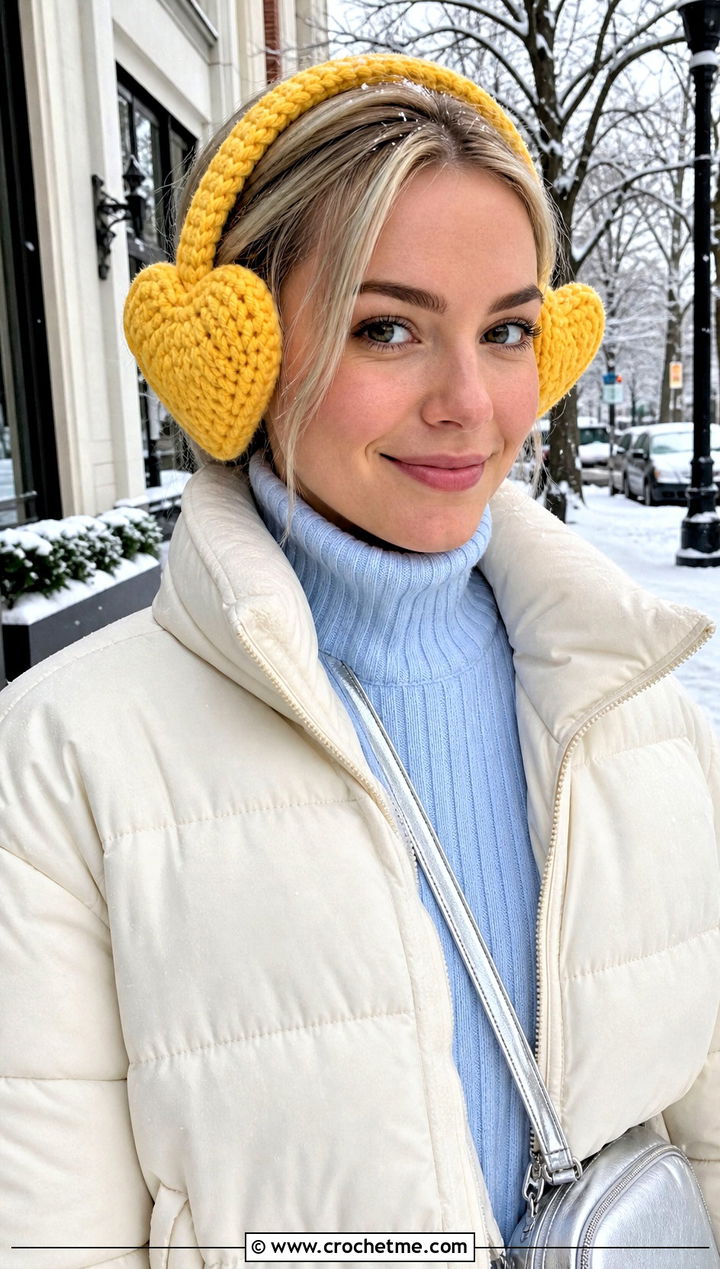 Heart Crochet Earmuffs Headband With Puffer Jacket - 25 Crochet Earmuffs Headband outfit ideas