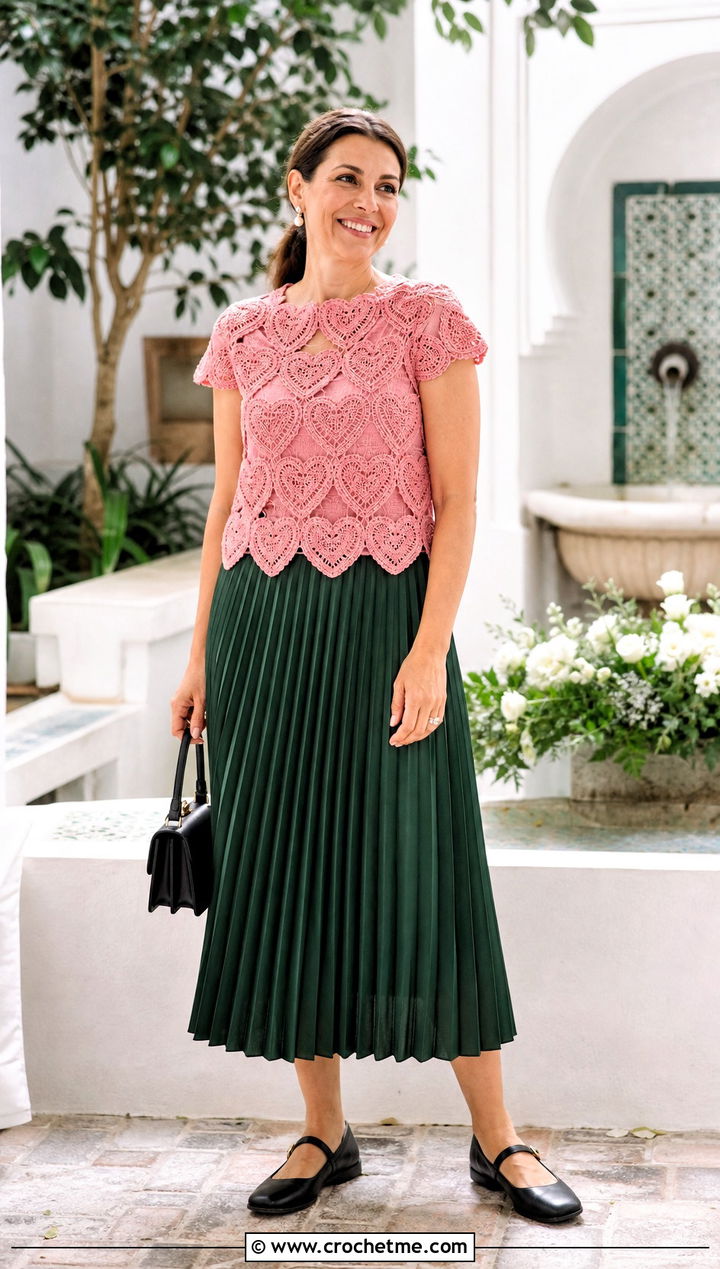 Heart Crochet Motif Top With Pleated Midi Skirt - 30 crochet motif top outfit ideas